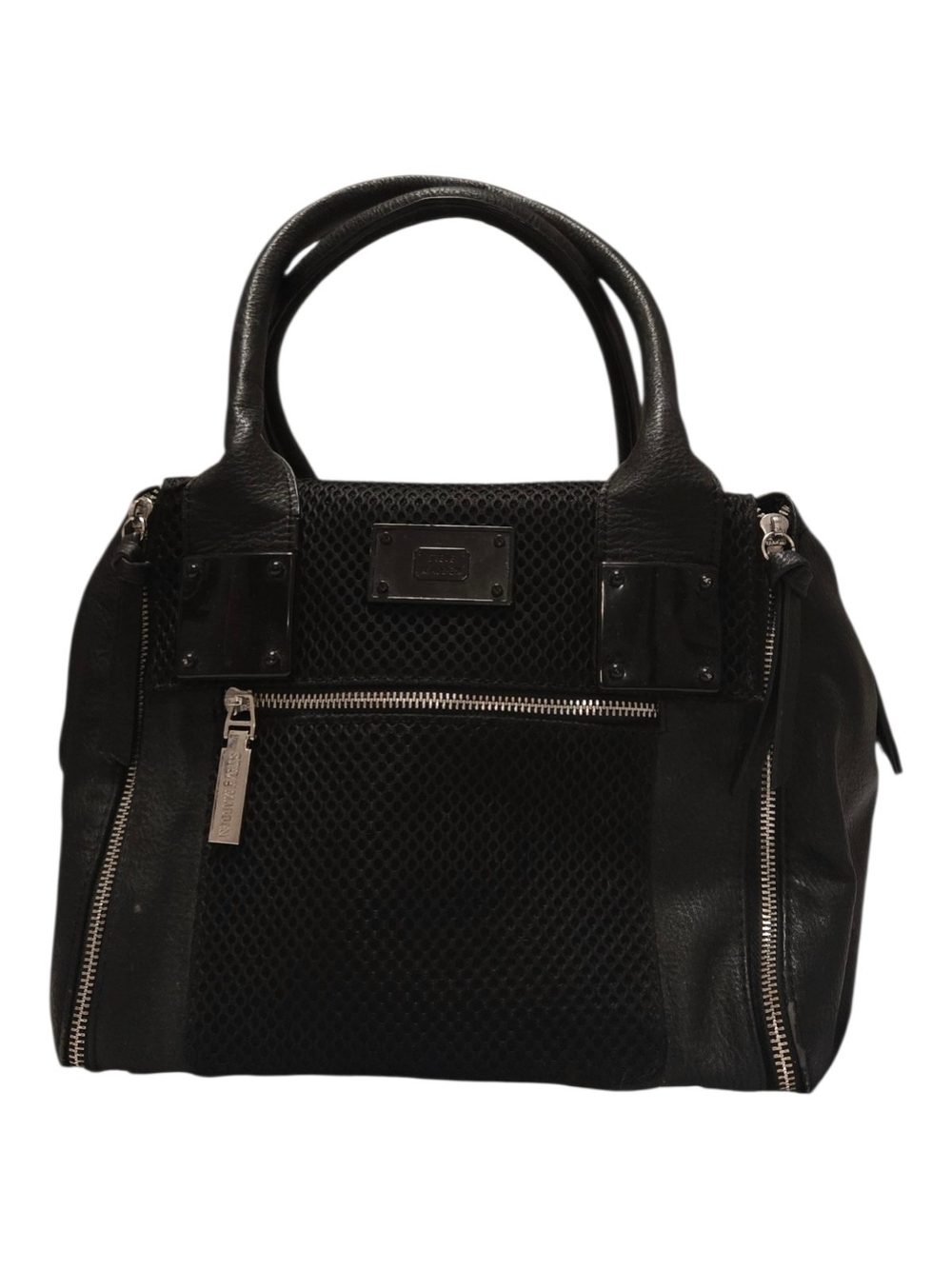 Steve Madden Black Leather-Trim Satchel with Mesh Panel
